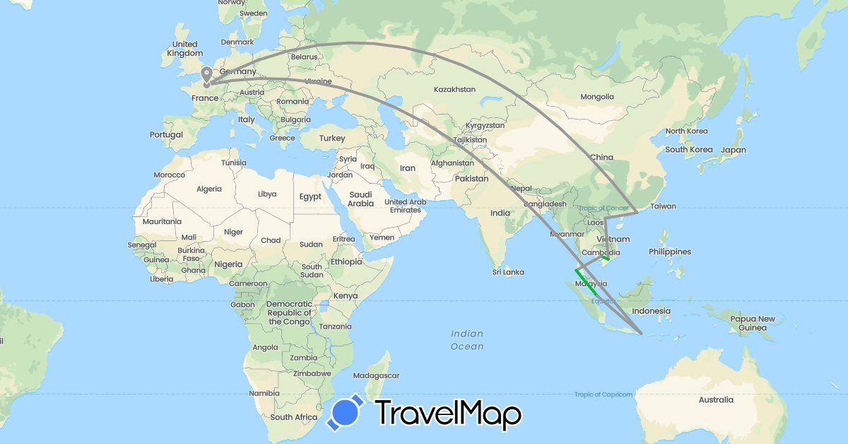 TravelMap itinerary: driving, bus, plane in China, France, Indonesia, Cambodia, Singapore, Thailand, Vietnam (Asia, Europe)